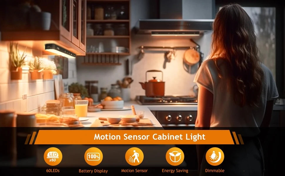 Wireless Digital Motion Sensor LED Light Bar – USB Rechargeable, Magnetic Mount, 60 LED Smart Cabinet & Night Light